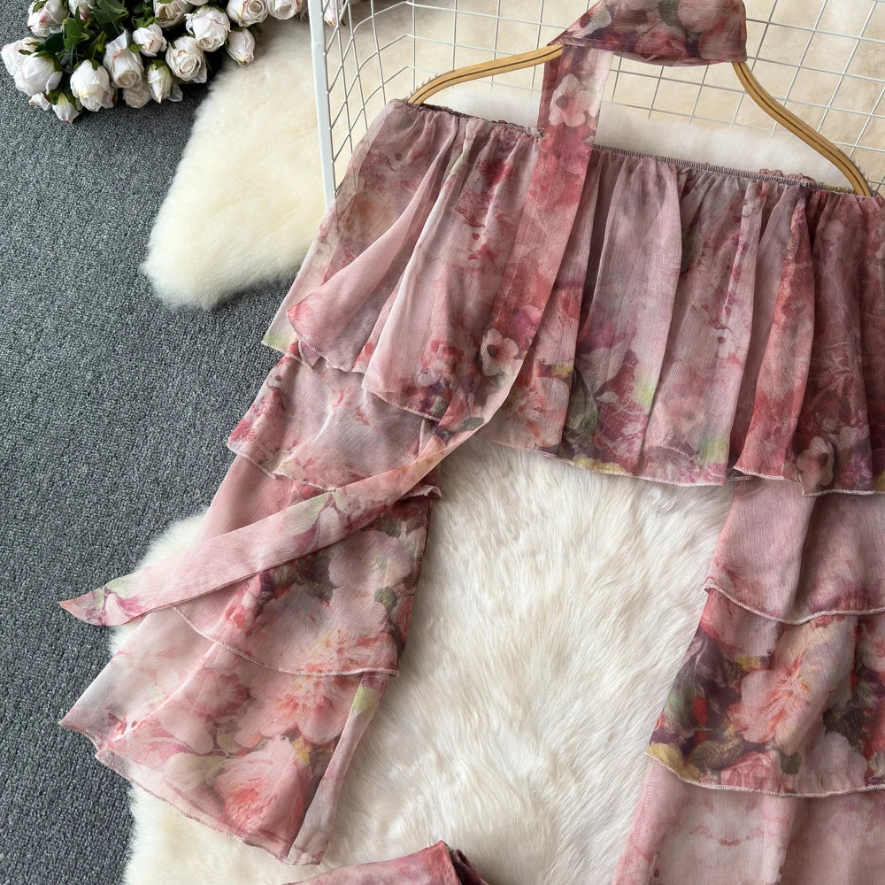 Holiday Ruffles Beach Skirts Suit Women Fashion Off Shoulder Floral Chiffon Tops  High Waist Mini Skirt Womens Two Peice Sets