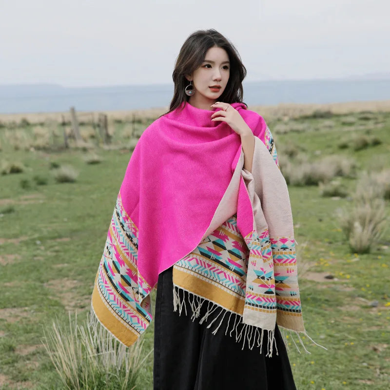 WeHello - Bohemian shawl tie dyed stripe overlay, imitation cashmere cape ethnic style warmth overlay with scarf