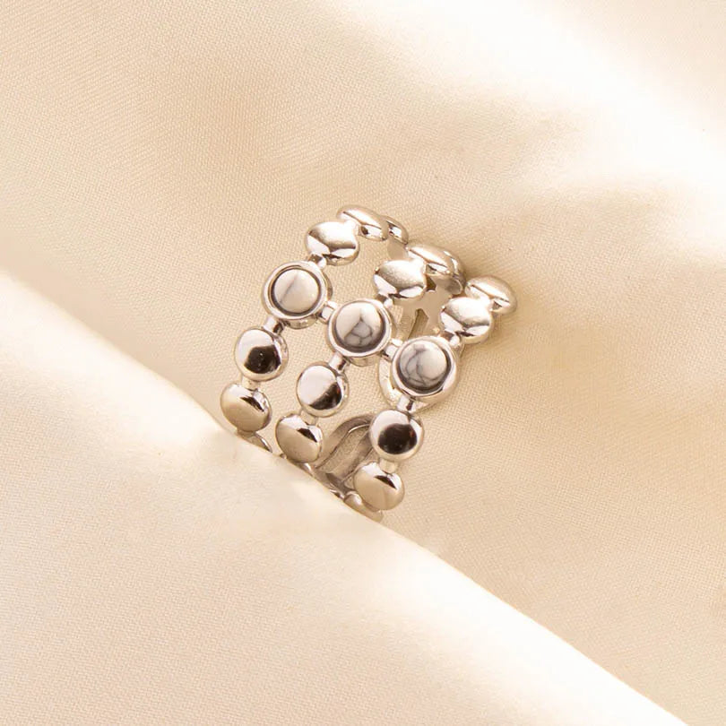 Chic Bohemian White Turquoise Statement Silver Color Ring Stainless Steel Opening Adjustable Boho Ring Jewelry Gifts Never Fade