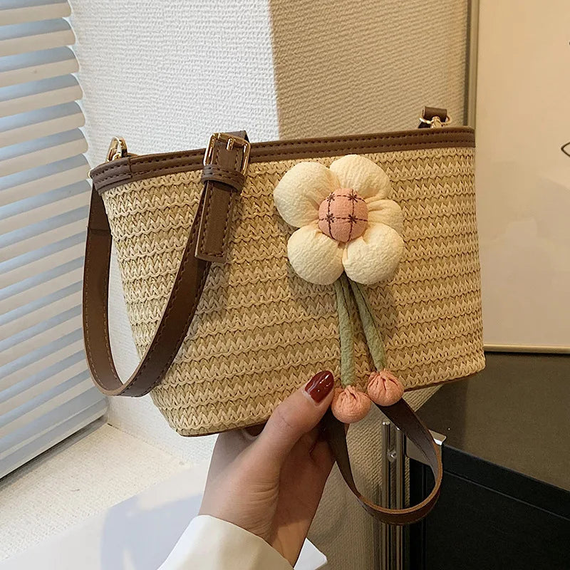 2024 New Woven Bag Women's Summer Versatile Crossbody Beach Resort Bag Mini Bohemian Phone Wallet Bucket Bag