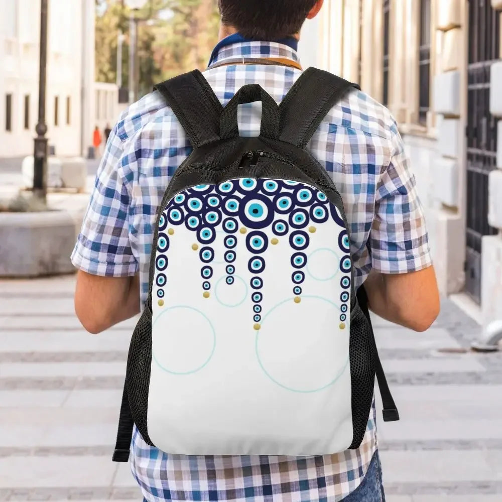 Custom Navy Blue White Mediterranean Evil Eye Mandala Pattern Backpacks Men Casual Bookbag for School College Bohemian Boho Bags