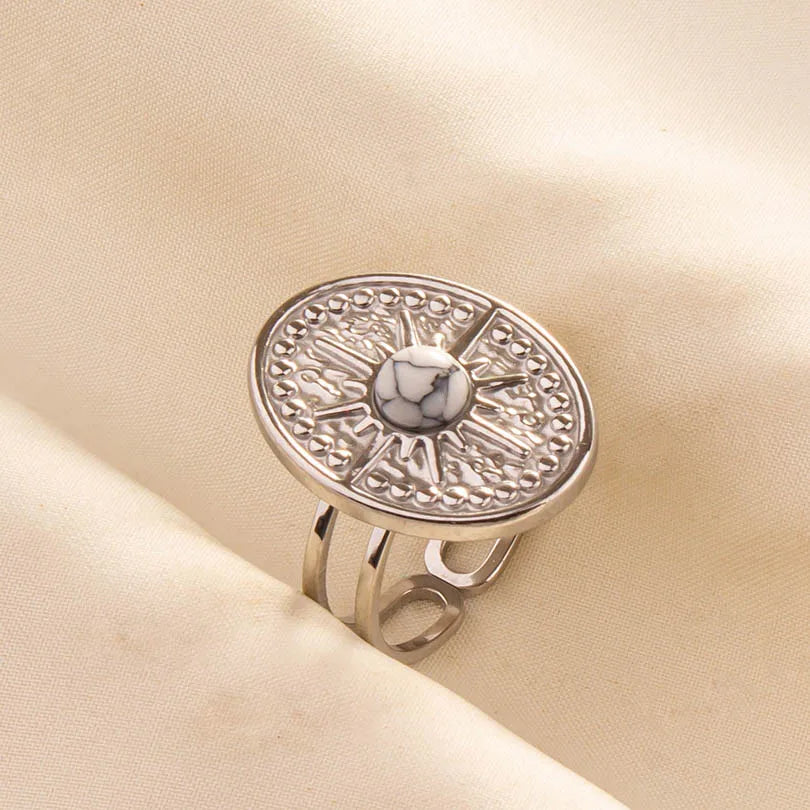Chic Bohemian White Turquoise Statement Silver Color Ring Stainless Steel Opening Adjustable Boho Ring Jewelry Gifts Never Fade