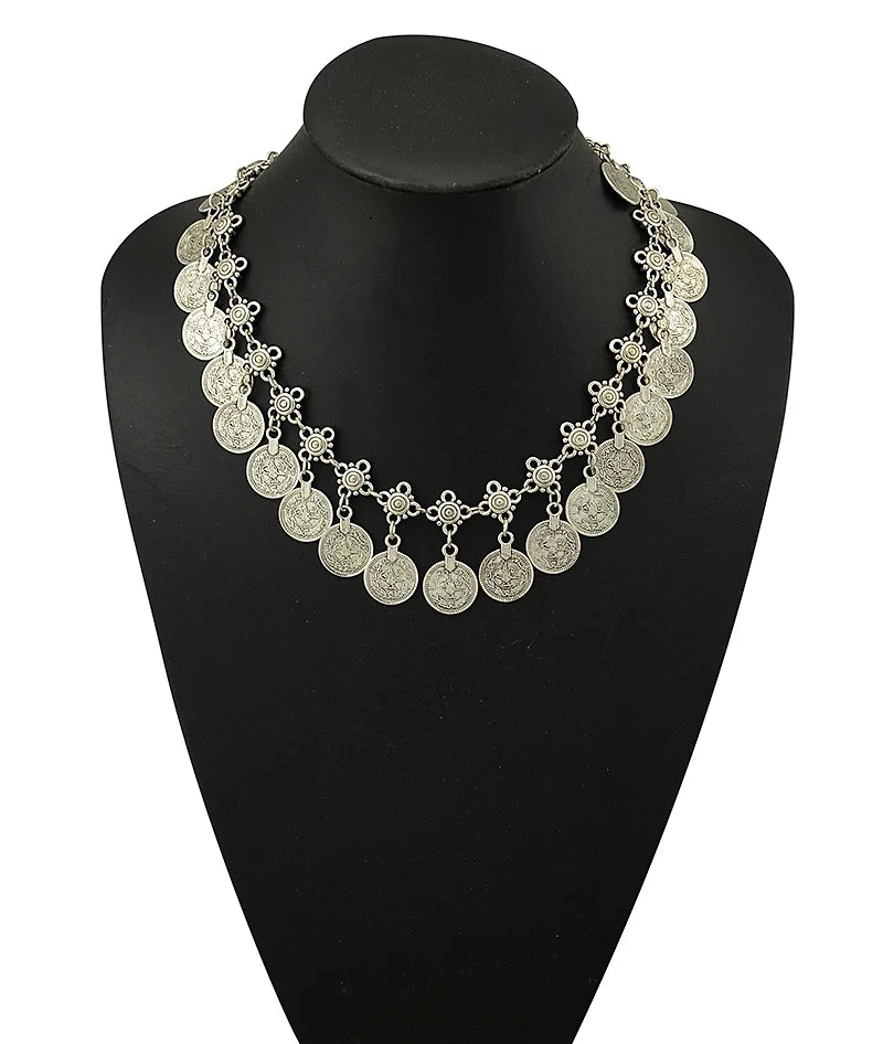 Boho Ethnic Turkish Gypsy Tribal Indian Beach Choker Bib Coin Tassel Collares Necklace For Women Vintage Silvery Afghan Jewelry