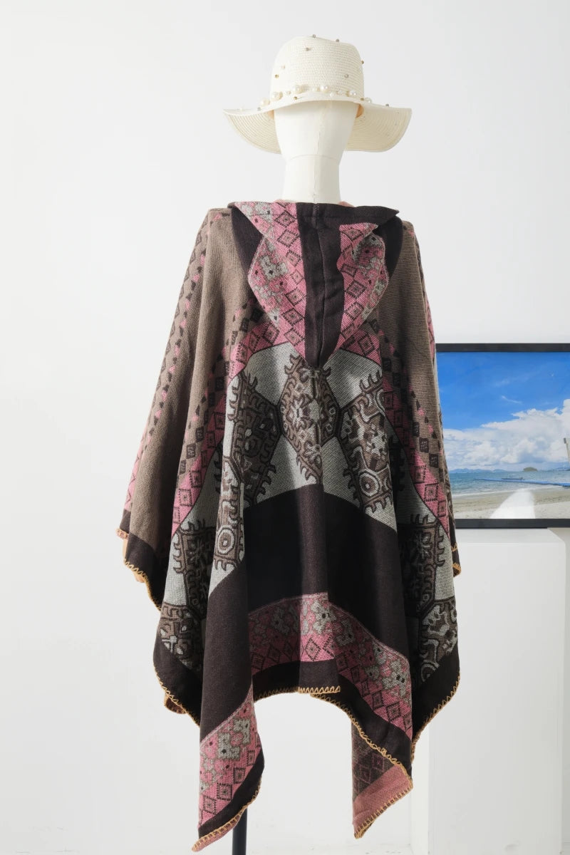 Jastie Retro Ethnic Large Shawl Ladies Fashion New Travel Knitted Hooded Poncho Women Boho Autumn Winter Warm Printed Cape Coats