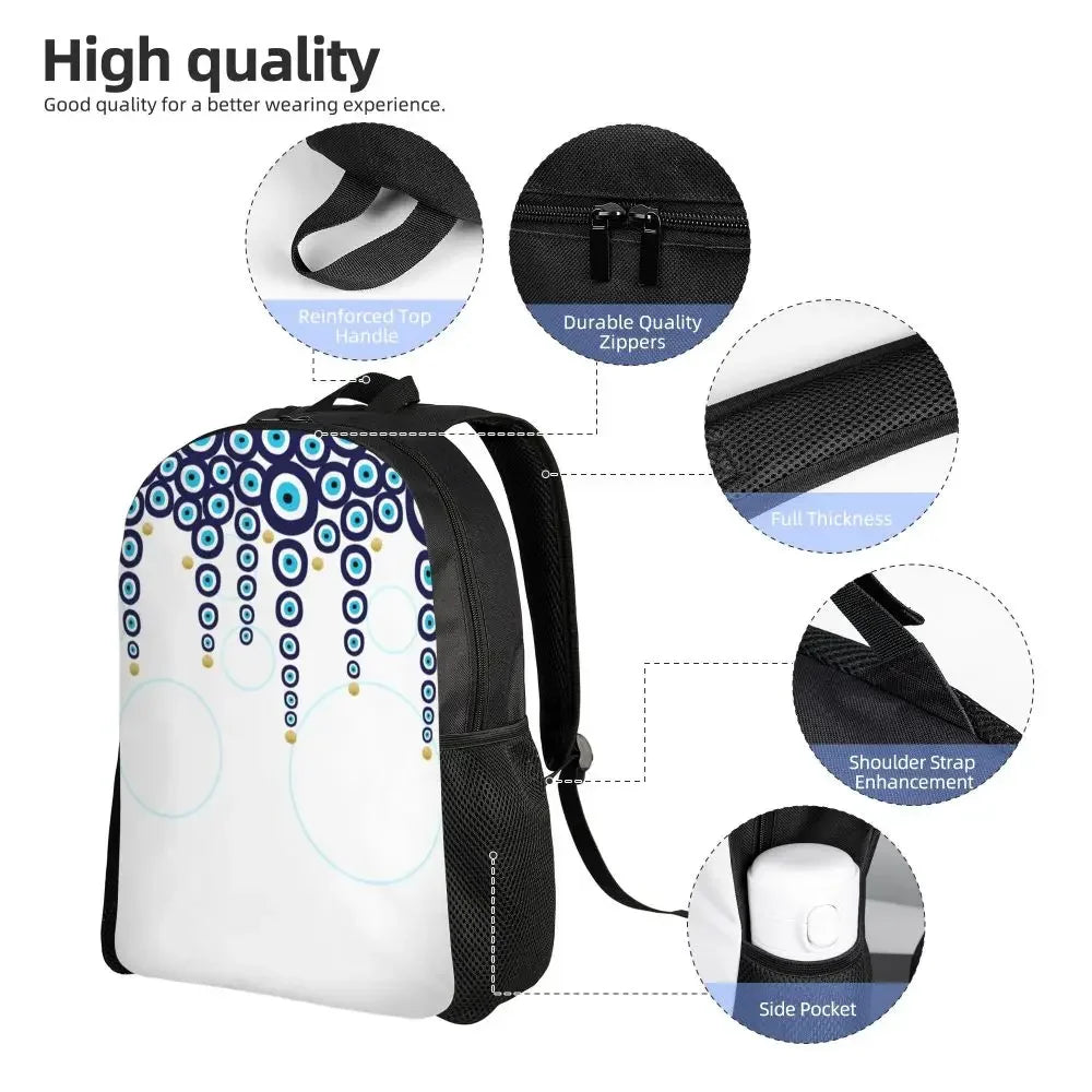 Custom Navy Blue White Mediterranean Evil Eye Mandala Pattern Backpacks Men Casual Bookbag for School College Bohemian Boho Bags