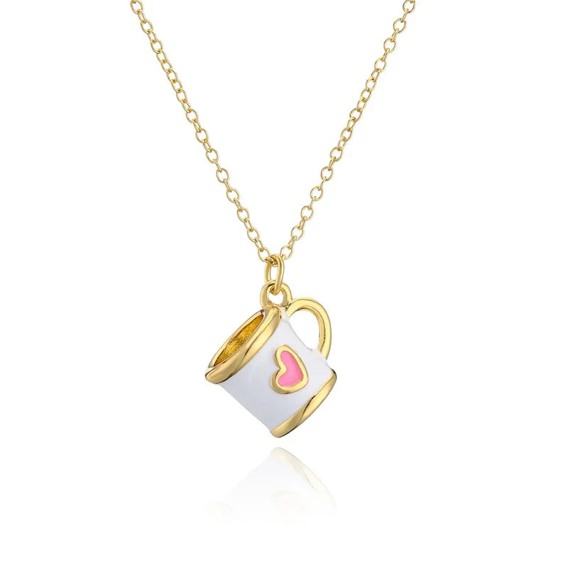 Boho Hand Made Tea Cup Necklace Pendant Woman Collier Long Gold Color Sweater Chain Clothing Enamel Collane Jewelry New