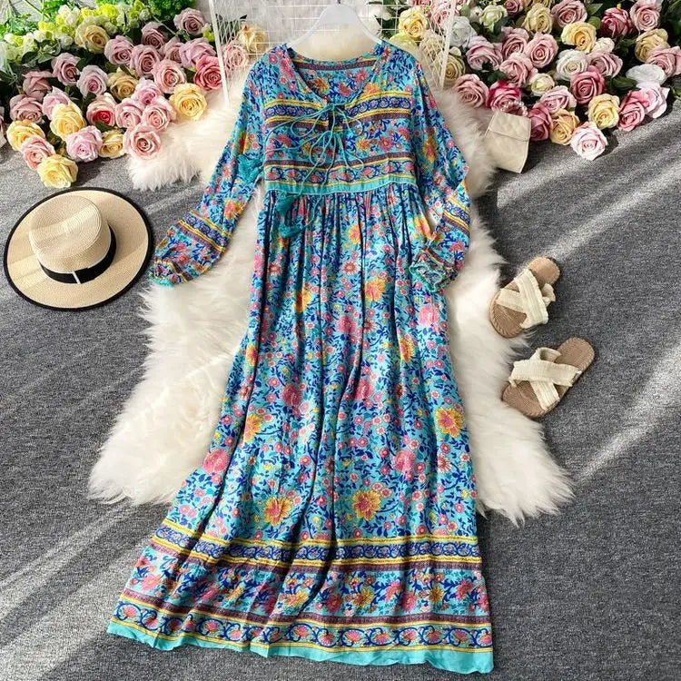 Vintage Women's Beach Skirt Dress Long Sleeve Floral Print Beach Bohemian Straight V-neck Maxi Dress Summer Ladies Dress