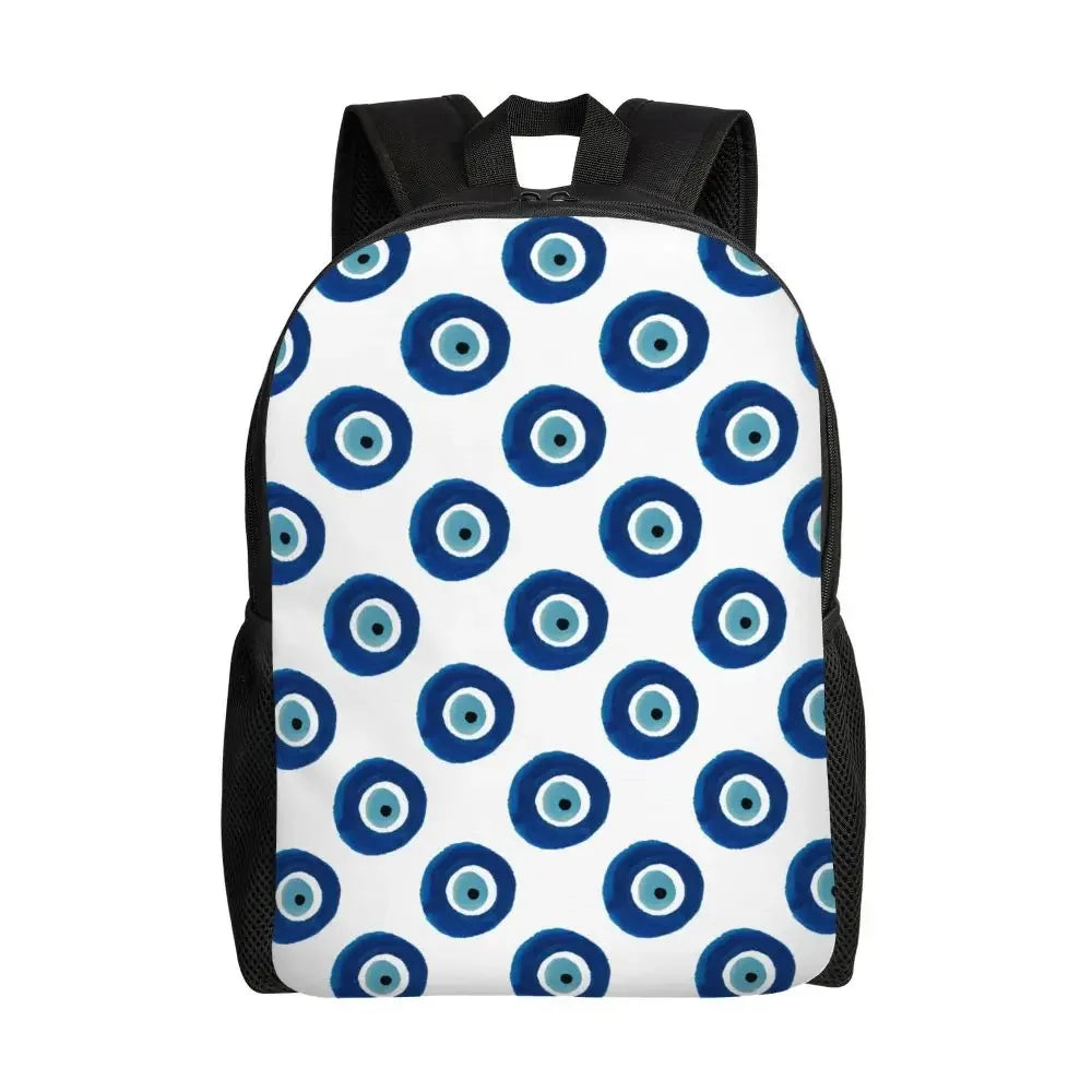 Custom Navy Blue White Mediterranean Evil Eye Mandala Pattern Backpacks Men Casual Bookbag for School College Bohemian Boho Bags