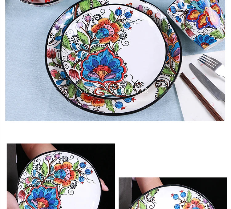 Creative Boho Ceramic Plate European Classical Painted Steak Pasta Dinner Plates Restaurant Hotel Serving Tray Home Tableware