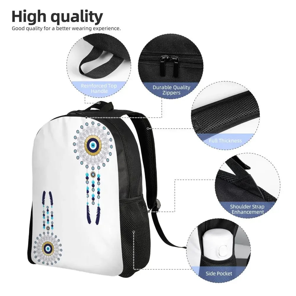 Custom Navy Blue White Mediterranean Evil Eye Mandala Pattern Backpacks Men Casual Bookbag for School College Bohemian Boho Bags