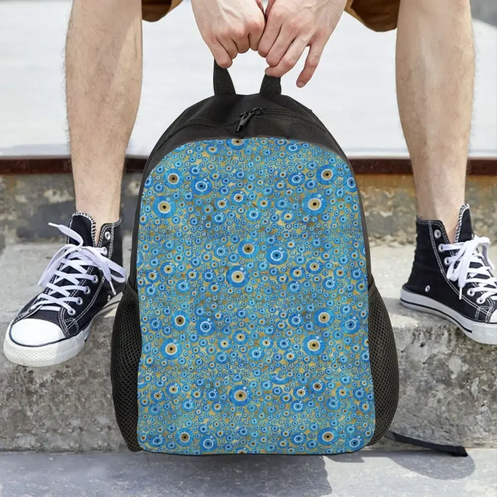 Custom Navy Blue White Mediterranean Evil Eye Mandala Pattern Backpacks Men Casual Bookbag for School College Bohemian Boho Bags