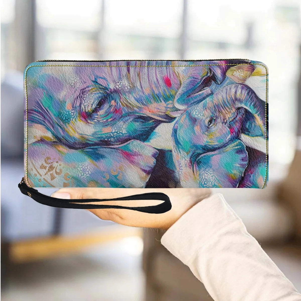 Bohemian Elephant Print Luxury PU Leather Party Clutch Long Zipper Elegant Clutch Business Card Holder High Quality Wallet Femal