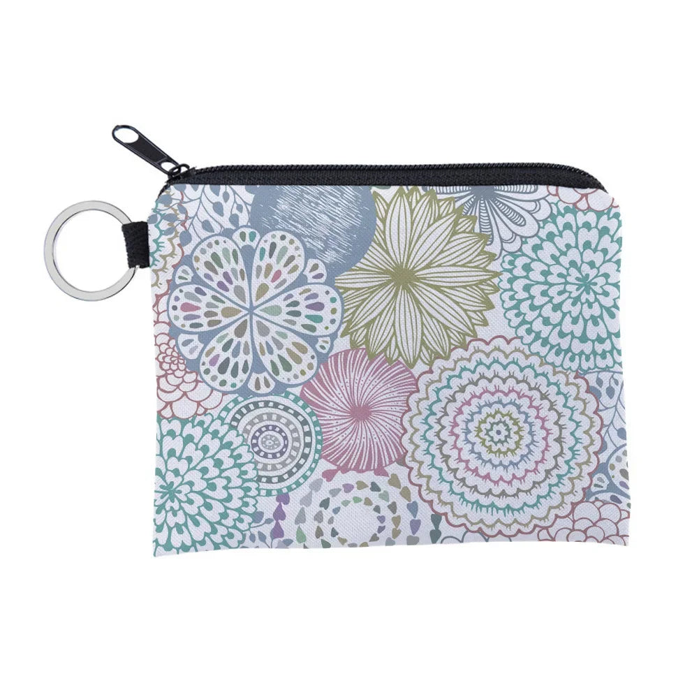 Bohemian Style Small Coin Purse Mini Wallet Coin Bag Datura flower pattern Print Waterproof with Zipper Keys Wallets for Women