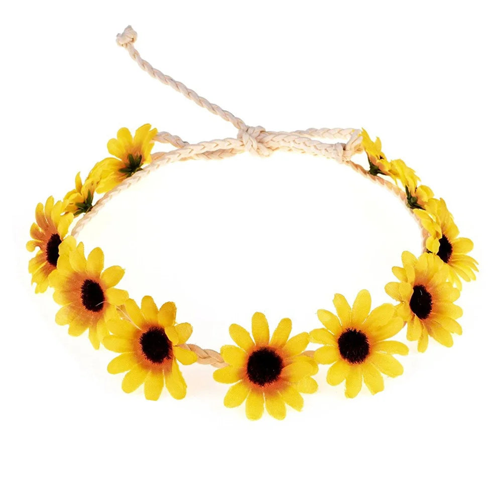 Floral Fall Boho Sunflower Crown Daisy Hair Wreath Headband Bridal Wreath Headpiece Flower Girl Headdress Props for Wedding