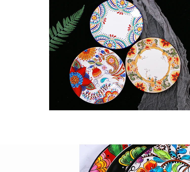 Creative Boho Ceramic Plate European Classical Painted Steak Pasta Dinner Plates Restaurant Hotel Serving Tray Home Tableware