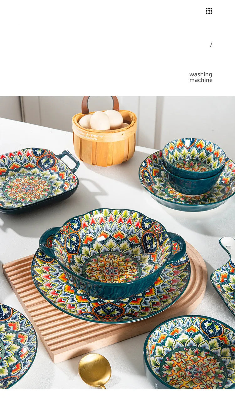 Retro Ceramic Dinner Plates Set Bohemia Style Food Plate Household Tableware Set Breakfast Plates Salad Soup Bowls Dinnerware