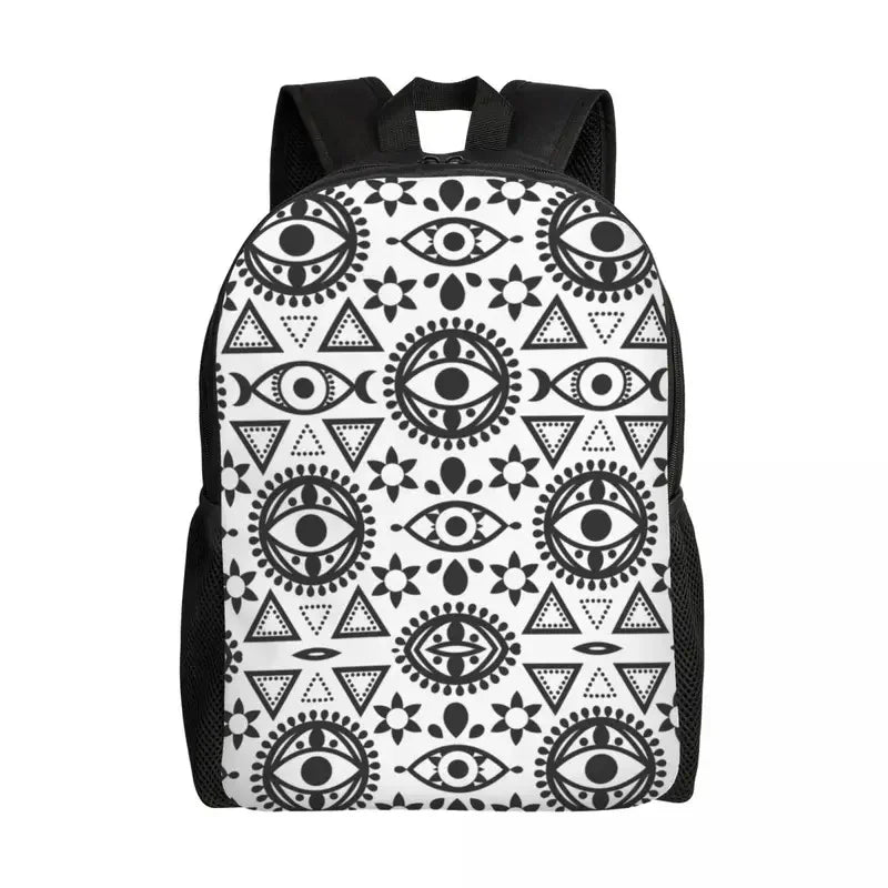Custom Navy Blue White Mediterranean Evil Eye Mandala Pattern Backpacks Men Casual Bookbag for School College Bohemian Boho Bags