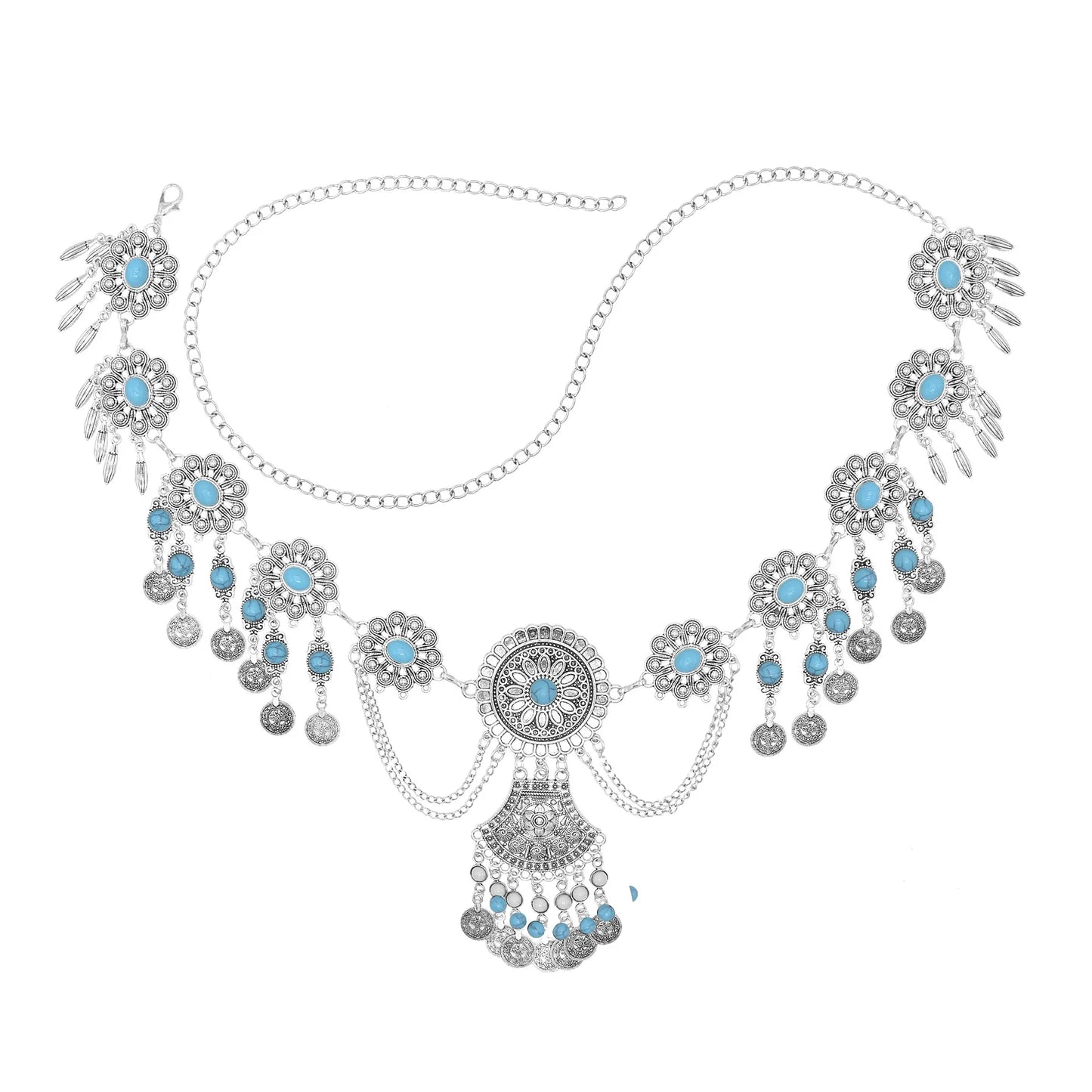 Retro Geometric Carving Waist Chain Turquoise Coins Pendant Luxury Metal Dress Accessories Indian Gypsies Ethnic Jewelry Gift