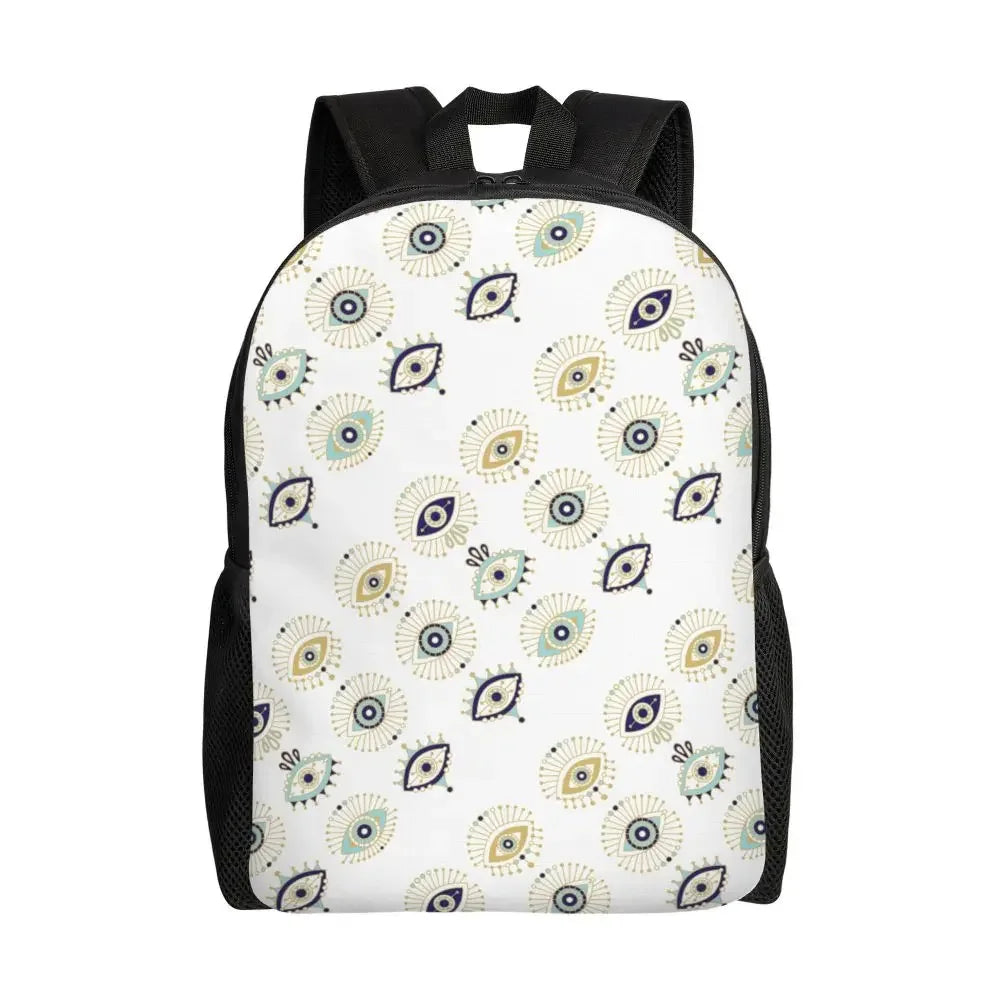 Custom Navy Blue White Mediterranean Evil Eye Mandala Pattern Backpacks Men Casual Bookbag for School College Bohemian Boho Bags