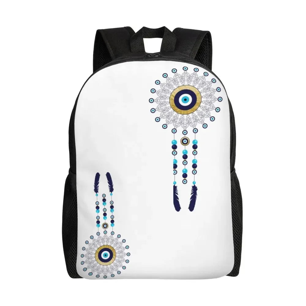 Custom Navy Blue White Mediterranean Evil Eye Mandala Pattern Backpacks Men Casual Bookbag for School College Bohemian Boho Bags