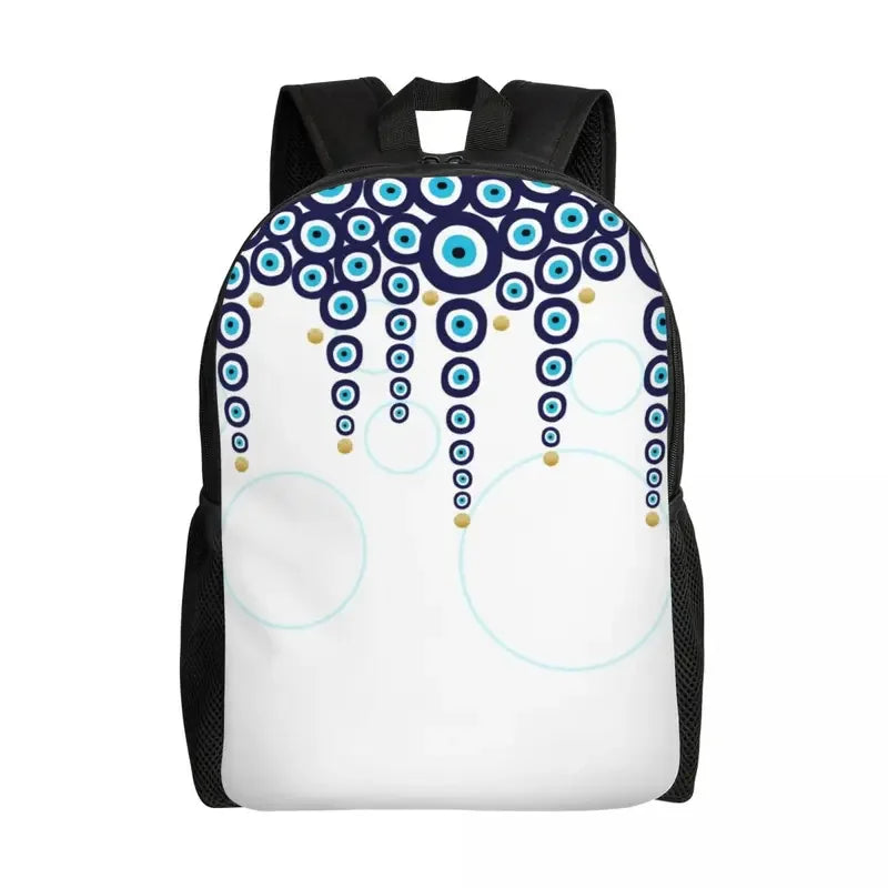 Custom Navy Blue White Mediterranean Evil Eye Mandala Pattern Backpacks Men Casual Bookbag for School College Bohemian Boho Bags