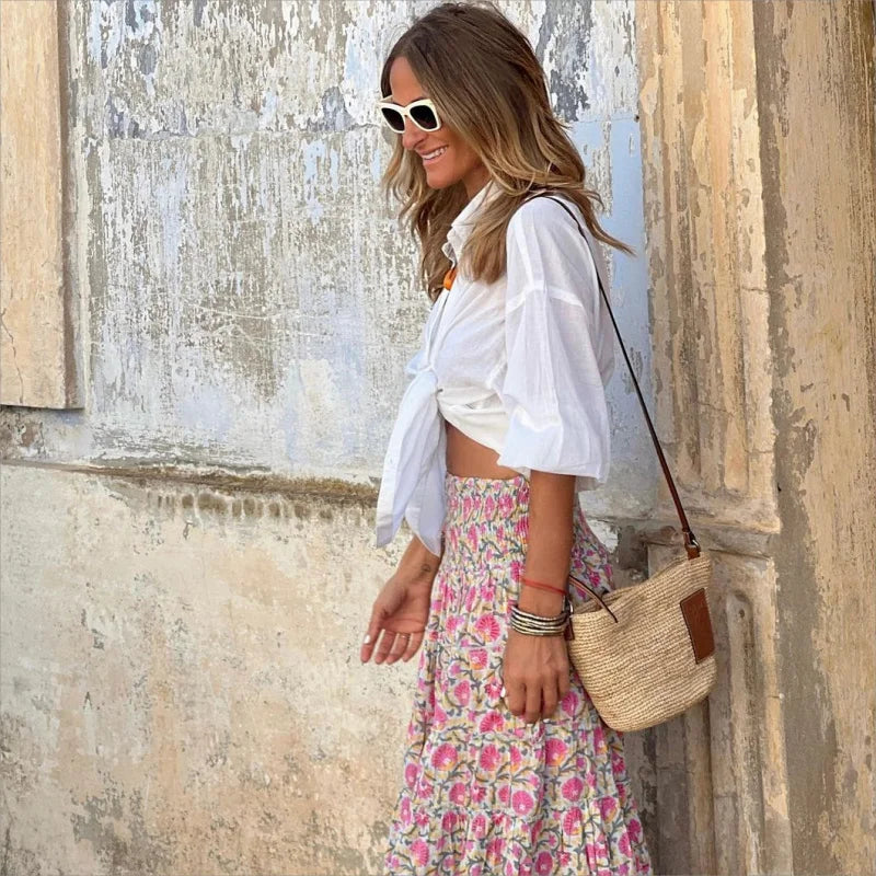 Women Summer Long Skirt Boho Print Skirt Female Floral Beach Maxi Skirts Ladies Vintage Loose Elastic Waist Party Holiday Skirt