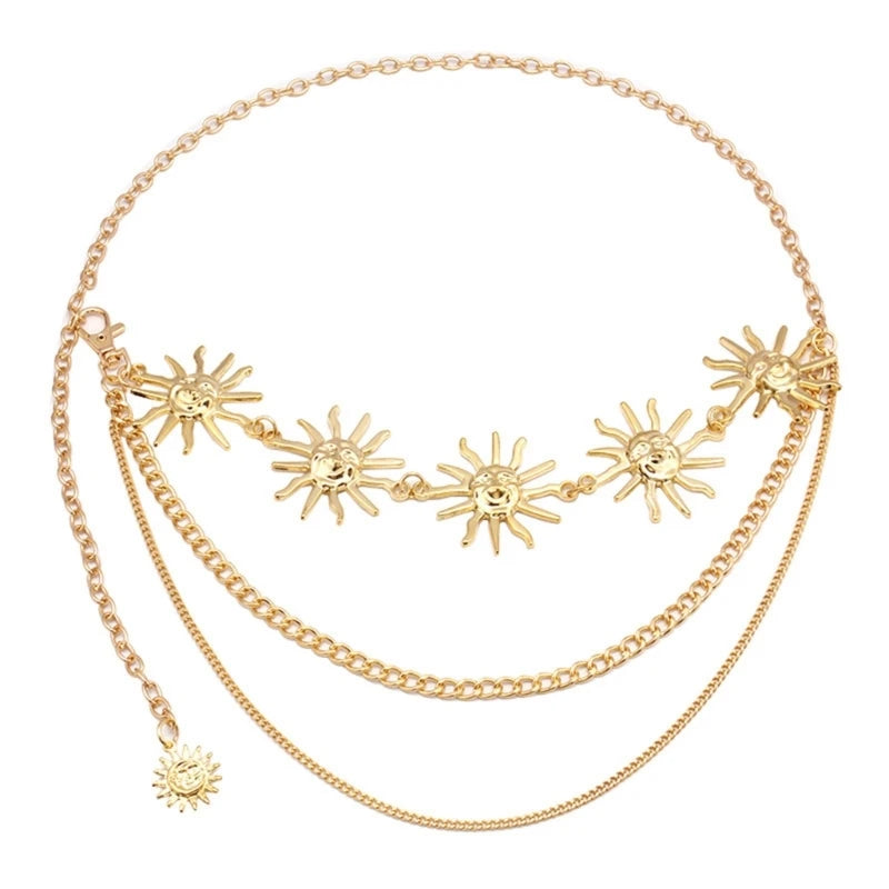 Gold Tone Body Chain Sun/Moon Waist Chain for Stylish Ladies Adjustable Length Metal Waistband for Music Festivals