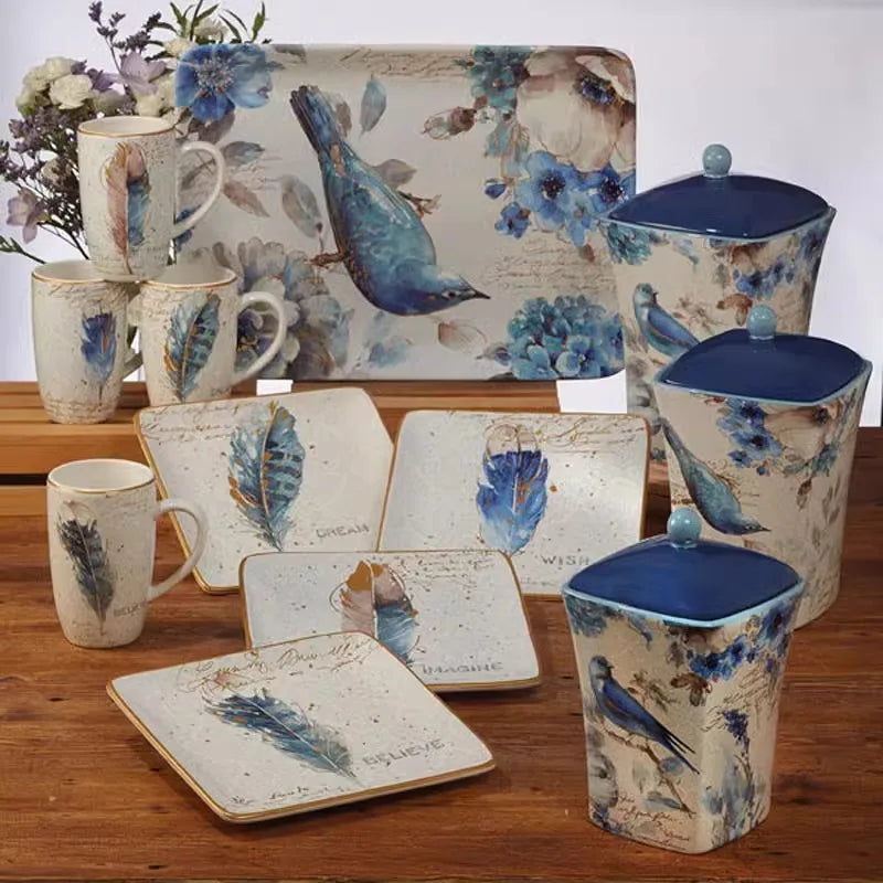 Boho Ceramic Tableware Set, Rice Bowl, Salad Plate, Home Decor, Living Room, Western Food Steak Mug