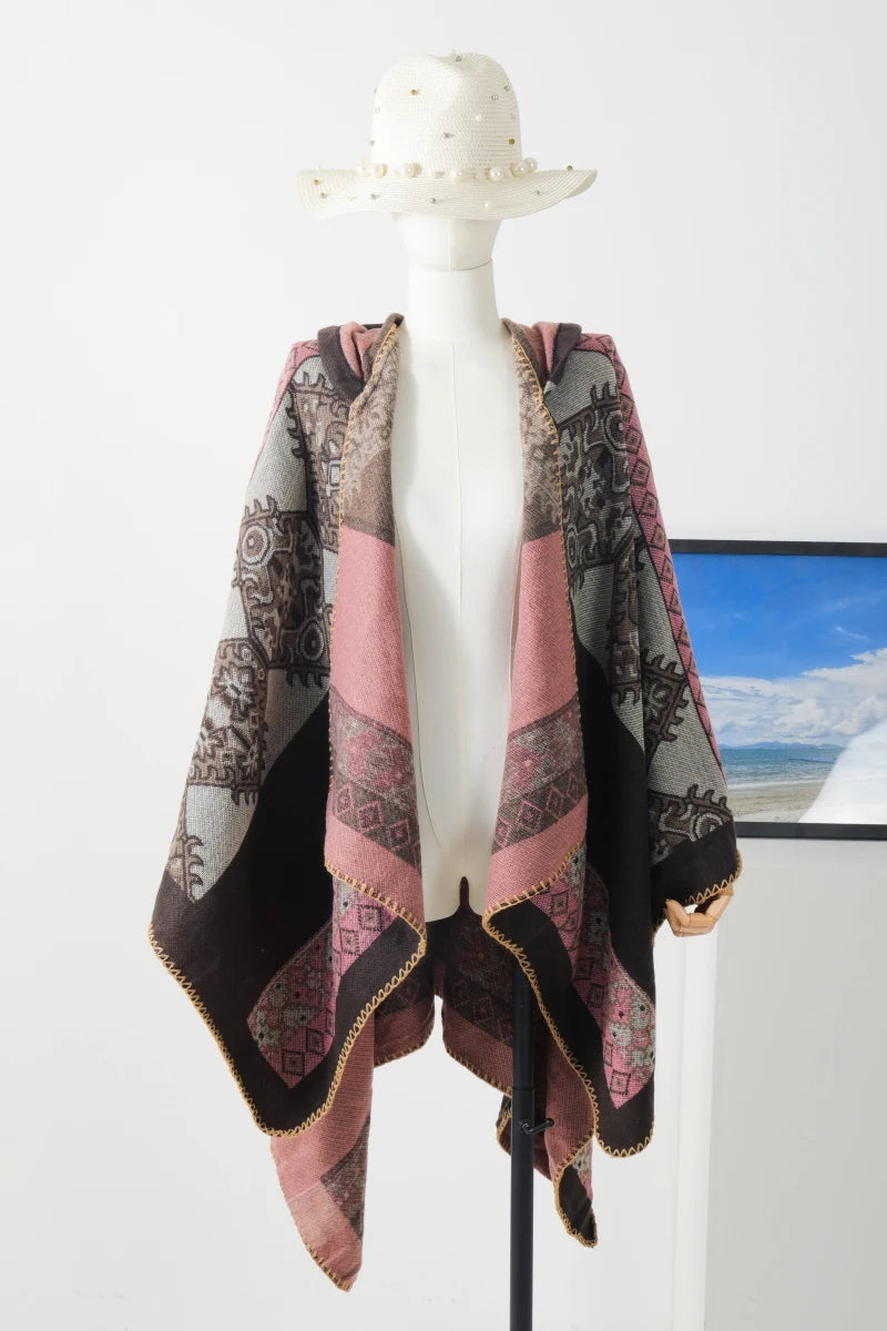 Jastie Retro Ethnic Large Shawl Ladies Fashion New Travel Knitted Hooded Poncho Women Boho Autumn Winter Warm Printed Cape Coats