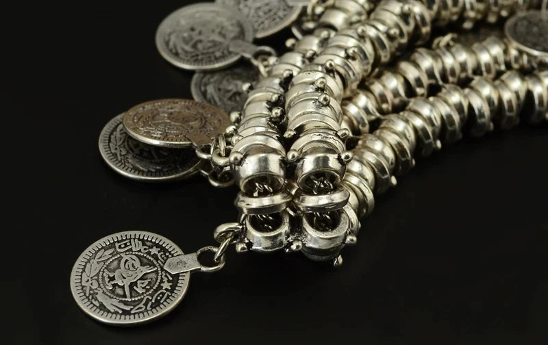 Boho Ethnic Turkish Gypsy Tribal Indian Beach Choker Bib Coin Tassel Collares Necklace For Women Vintage Silvery Afghan Jewelry
