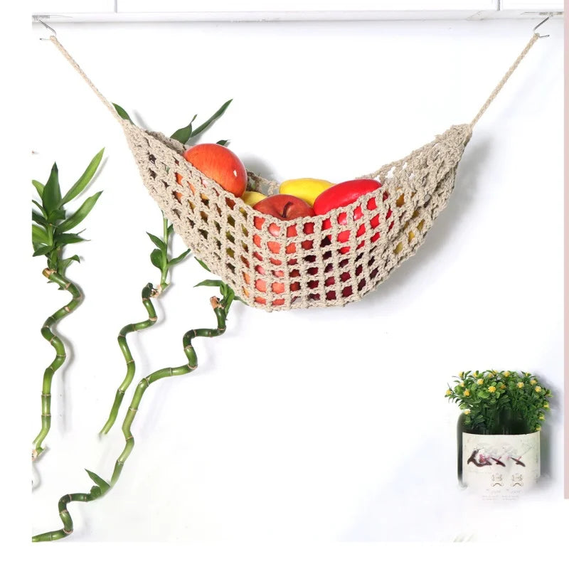 Macrame Handwoven Fruit Hammock Banana Holder Boho Cotton Rope Hanging Net Basket Home Kitchen Under Cabinet