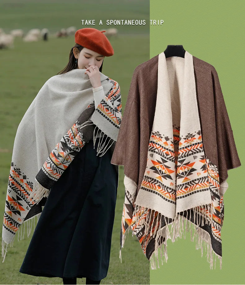 WeHello - Bohemian shawl tie dyed stripe overlay, imitation cashmere cape ethnic style warmth overlay with scarf