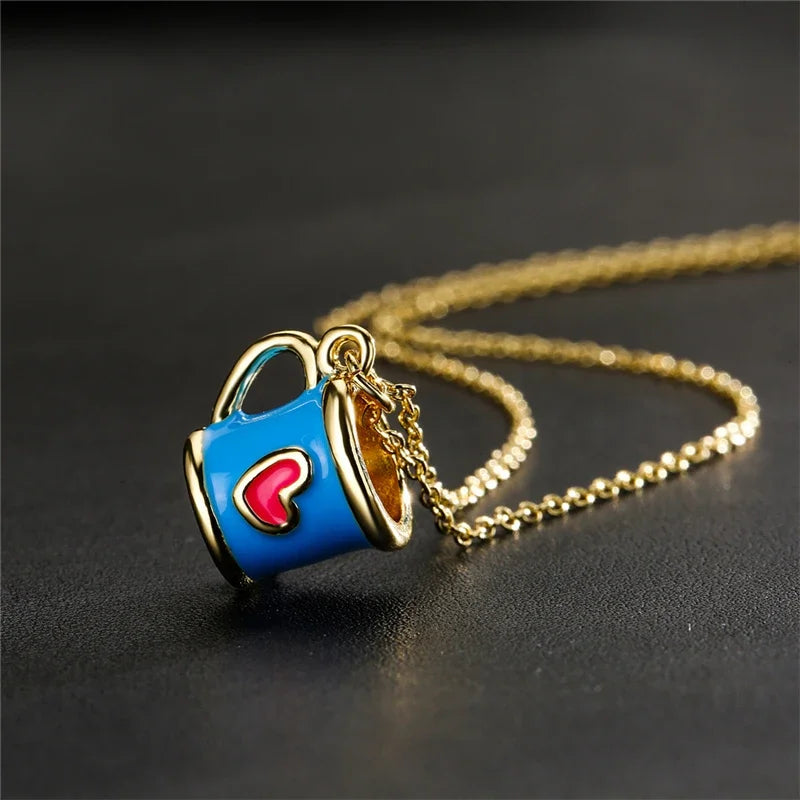 Boho Hand Made Tea Cup Necklace Pendant Woman Collier Long Gold Color Sweater Chain Clothing Enamel Collane Jewelry New