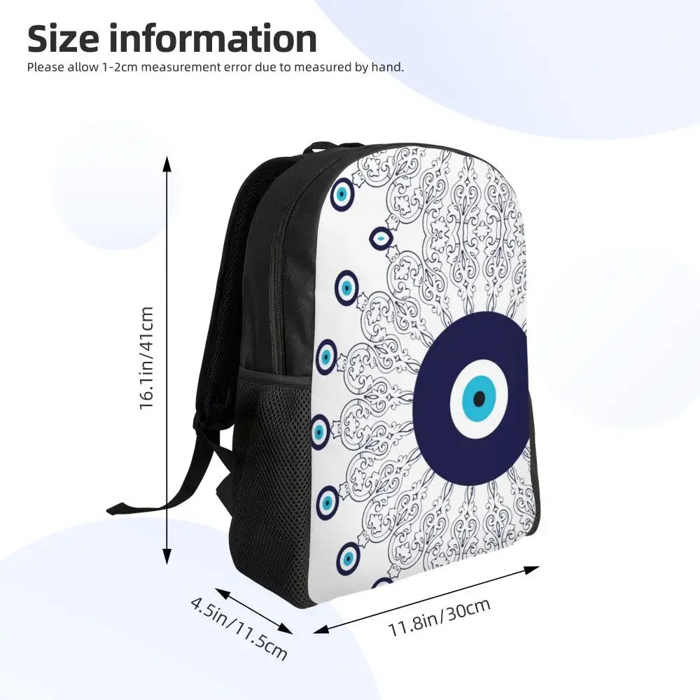 Custom Navy Blue White Mediterranean Evil Eye Mandala Pattern Backpacks Men Casual Bookbag for School College Bohemian Boho Bags