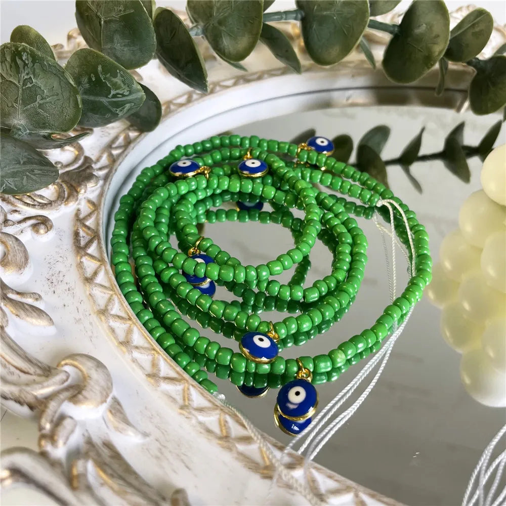 Boho Evil Eye Pendant Beaded Waist Chain for Female Plus Size African Non-Stretching Tie-on Belly Chain Bikini Body Jewelry 2022
