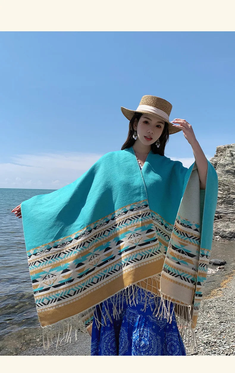 WeHello - Bohemian shawl tie dyed stripe overlay, imitation cashmere cape ethnic style warmth overlay with scarf