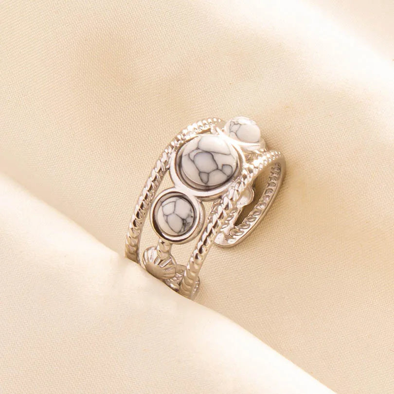 Chic Bohemian White Turquoise Statement Silver Color Ring Stainless Steel Opening Adjustable Boho Ring Jewelry Gifts Never Fade
