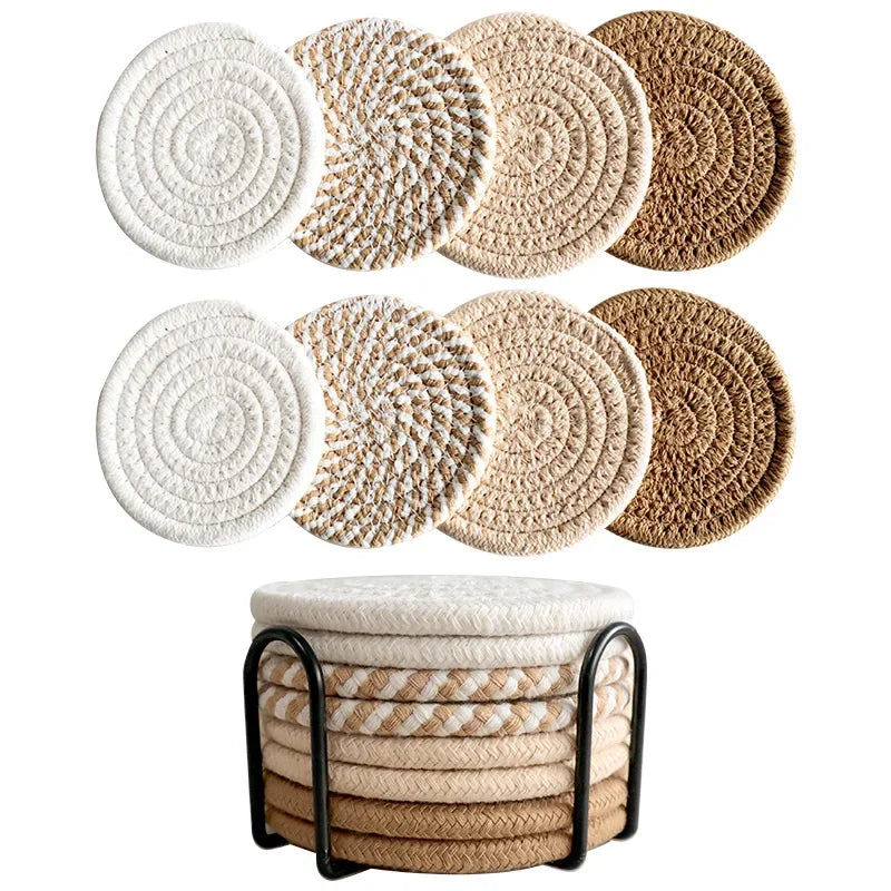8Pcs/Set Cotton Rope Woven Round Coaster Set Mug Insulated Pad Boho Style Drink Coaster Tea Cup Mat For Coffee Home Decoration