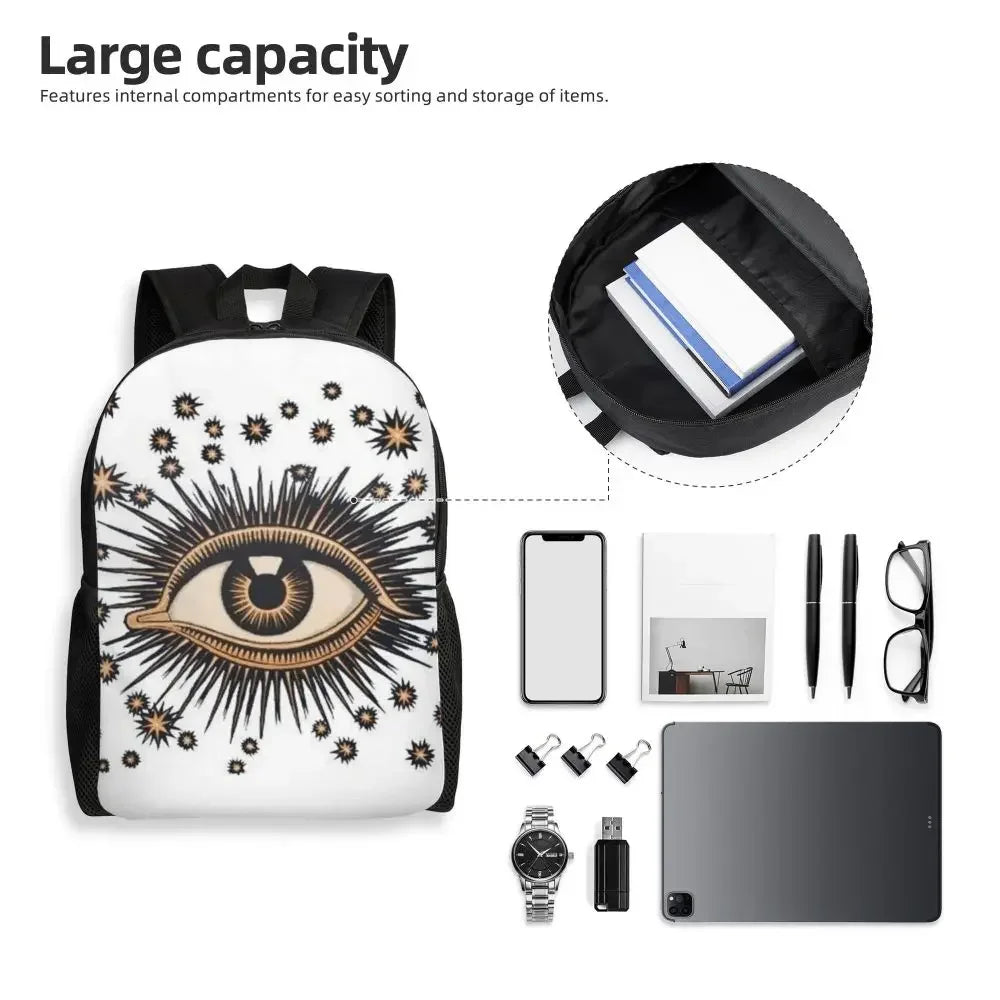 Custom Navy Blue White Mediterranean Evil Eye Mandala Pattern Backpacks Men Casual Bookbag for School College Bohemian Boho Bags