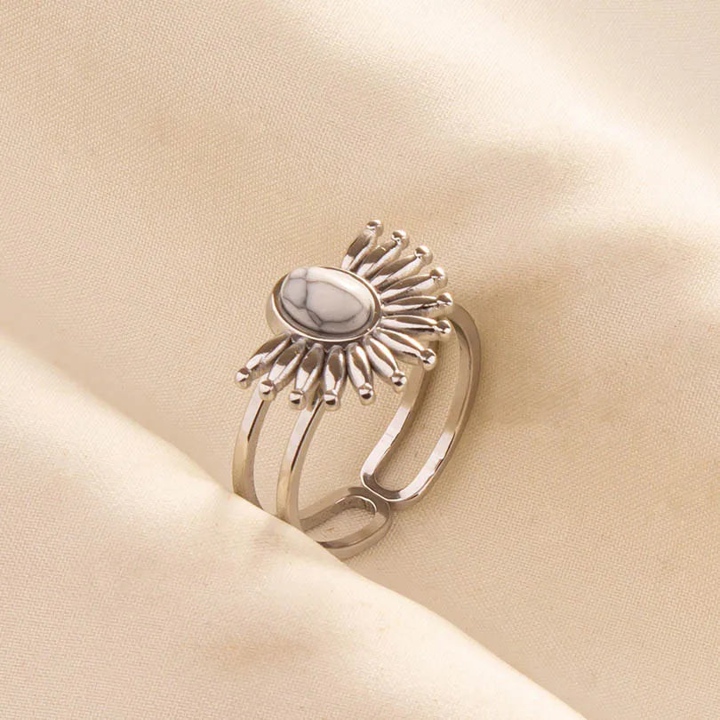 Chic Bohemian White Turquoise Statement Silver Color Ring Stainless Steel Opening Adjustable Boho Ring Jewelry Gifts Never Fade