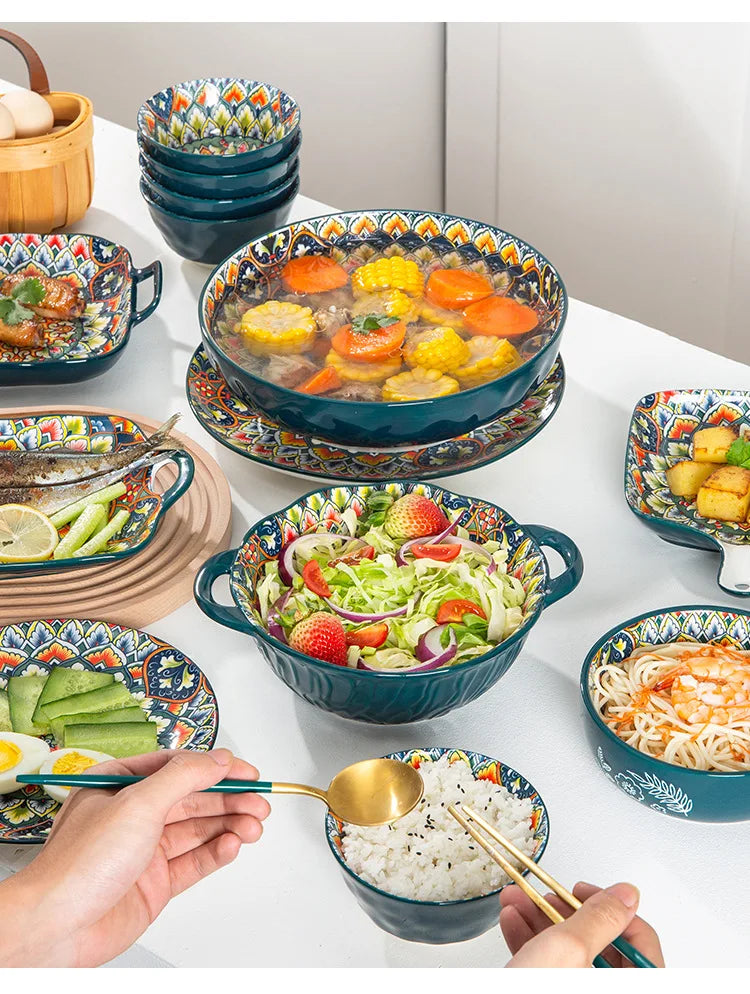 Retro Ceramic Dinner Plates Set Bohemia Style Food Plate Household Tableware Set Breakfast Plates Salad Soup Bowls Dinnerware