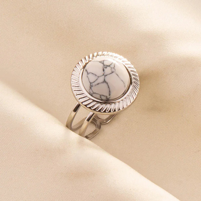 Chic Bohemian White Turquoise Statement Silver Color Ring Stainless Steel Opening Adjustable Boho Ring Jewelry Gifts Never Fade