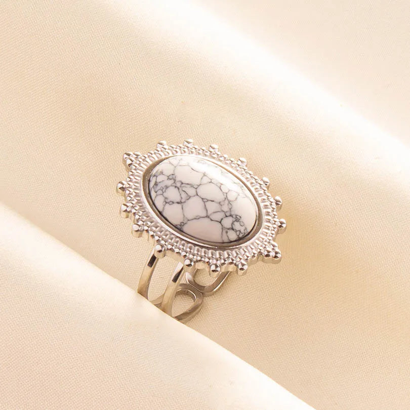 Chic Bohemian White Turquoise Statement Silver Color Ring Stainless Steel Opening Adjustable Boho Ring Jewelry Gifts Never Fade