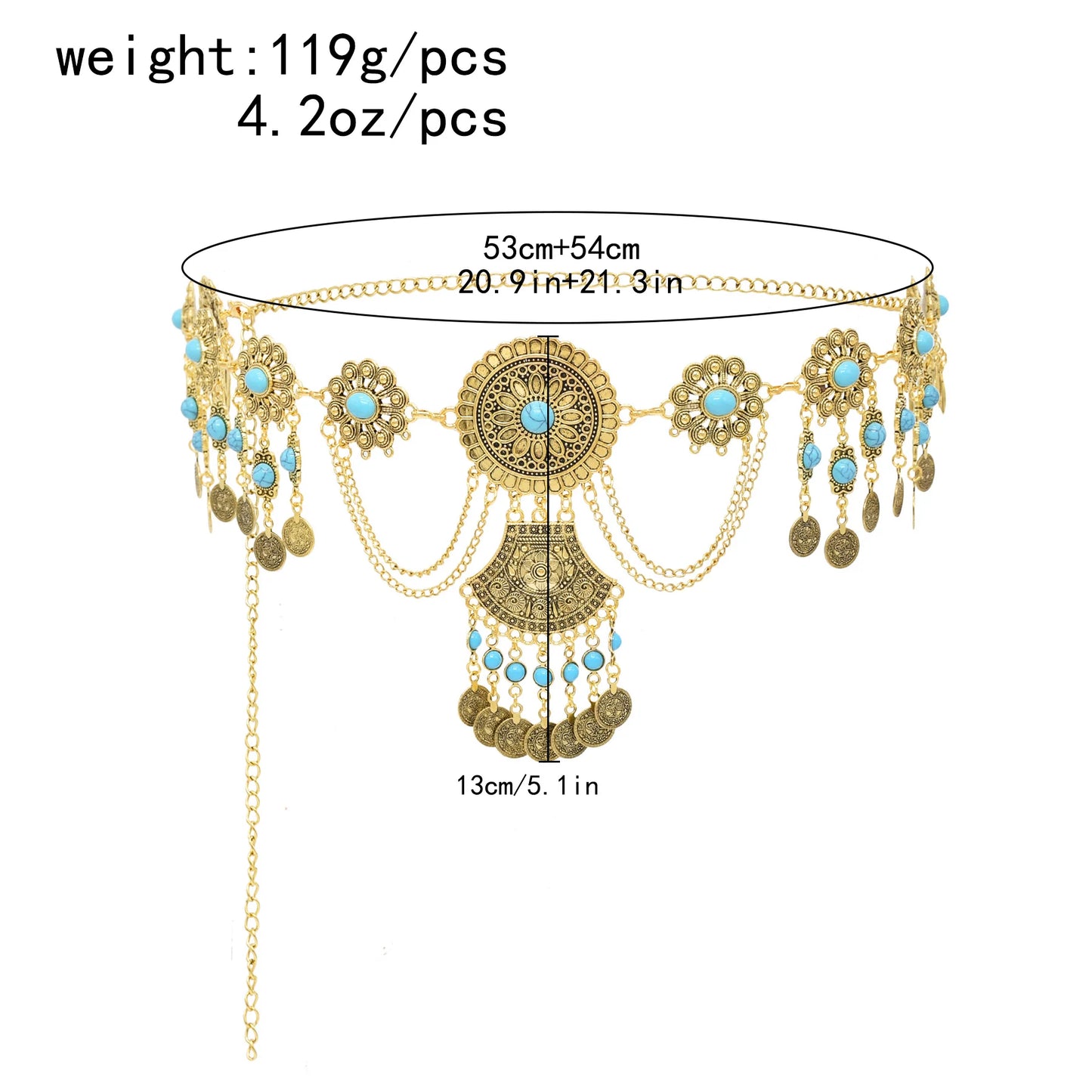 Retro Geometric Carving Waist Chain Turquoise Coins Pendant Luxury Metal Dress Accessories Indian Gypsies Ethnic Jewelry Gift