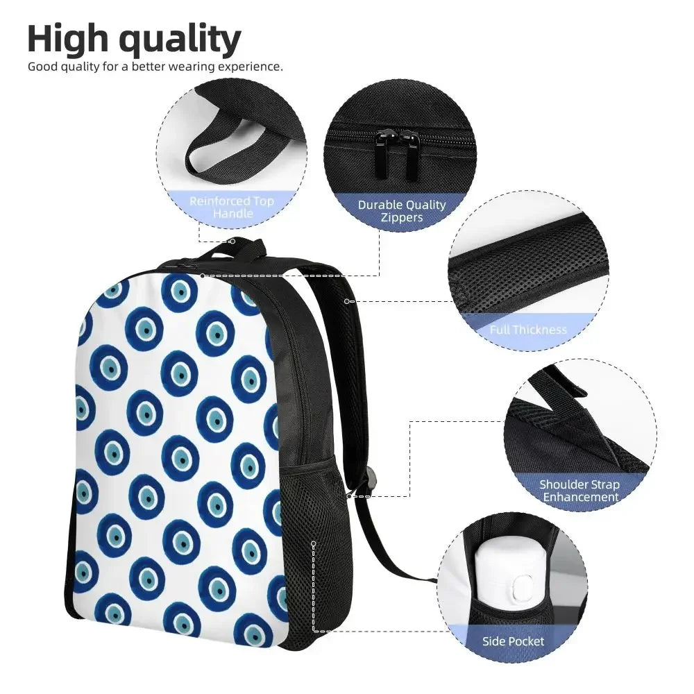 Custom Navy Blue White Mediterranean Evil Eye Mandala Pattern Backpacks Men Casual Bookbag for School College Bohemian Boho Bags