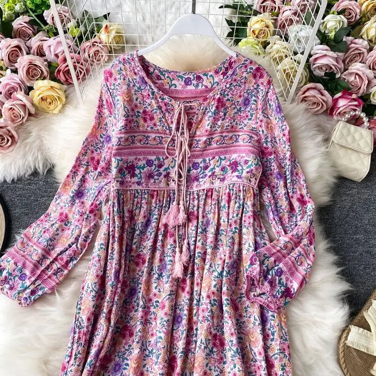 Vintage Women's Beach Skirt Dress Long Sleeve Floral Print Beach Bohemian Straight V-neck Maxi Dress Summer Ladies Dress