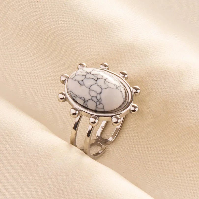 Chic Bohemian White Turquoise Statement Silver Color Ring Stainless Steel Opening Adjustable Boho Ring Jewelry Gifts Never Fade