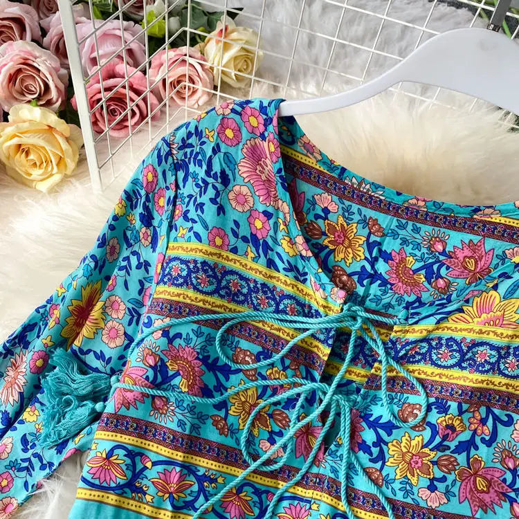 Vintage Women's Beach Skirt Dress Long Sleeve Floral Print Beach Bohemian Straight V-neck Maxi Dress Summer Ladies Dress