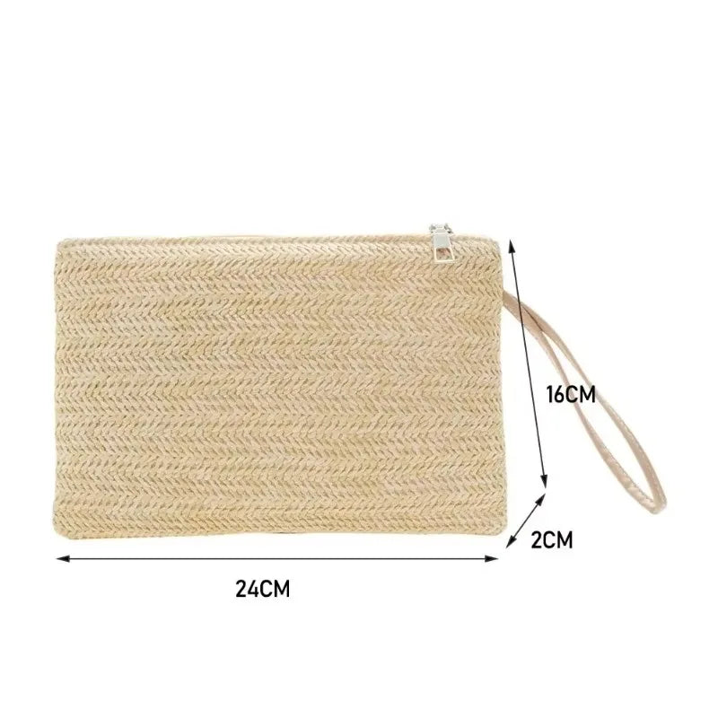 Bohemian Elegant Straw Handbag Beach Handmade Woven Women's Clutch Pure Colour Wallet Mobile Phone Coin Storage Bag