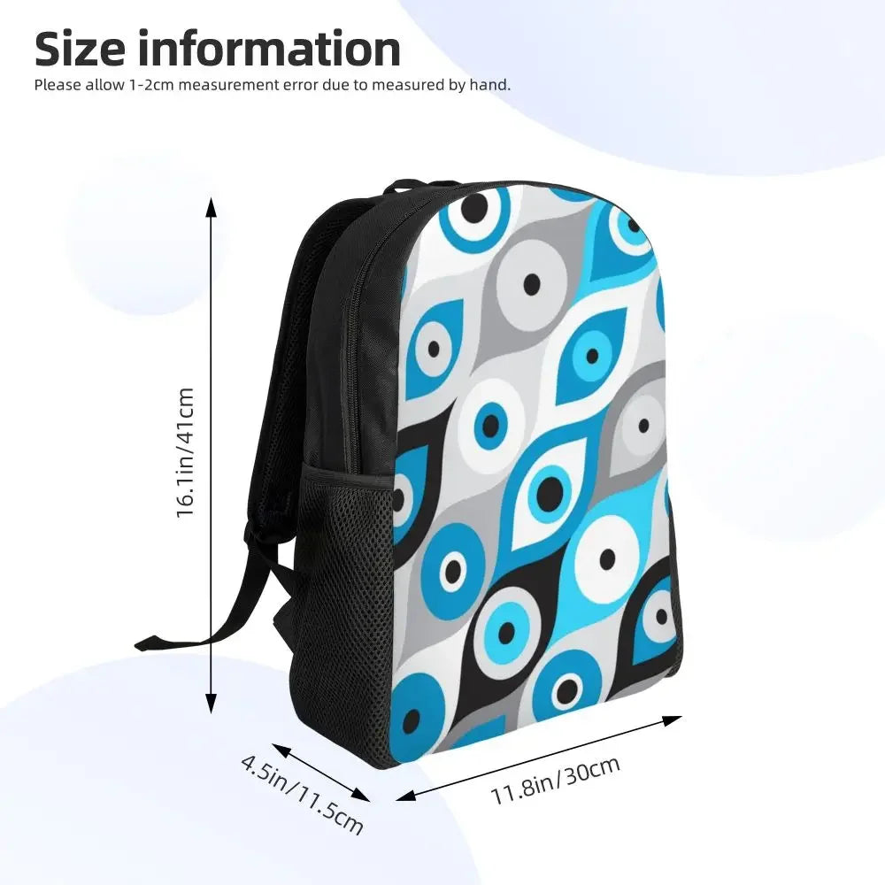 Custom Navy Blue White Mediterranean Evil Eye Mandala Pattern Backpacks Men Casual Bookbag for School College Bohemian Boho Bags